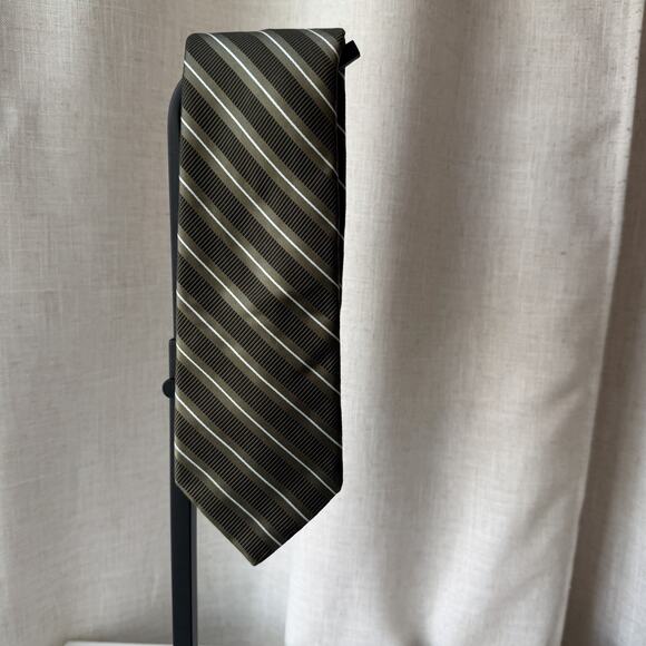 Ike Behar New York Silk Cotton Striped Tie Olive Brown Ribbed Necktie - Picture 7 of 10